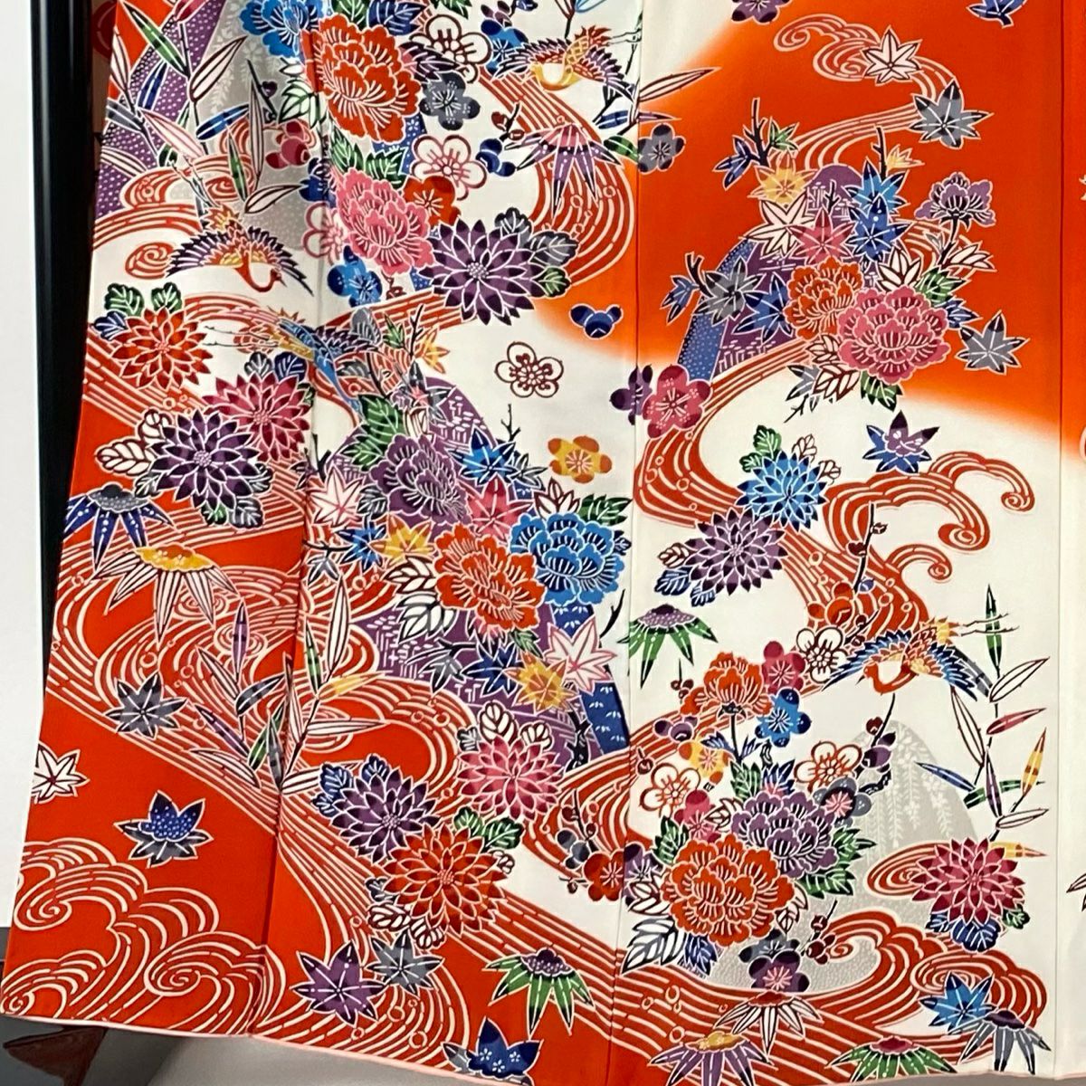 振袖禮服 身長164.5cm 袖長67.5cm L 雙層 仙鶴 草花紋紋 染分 朱色 純蠶絲 名品級