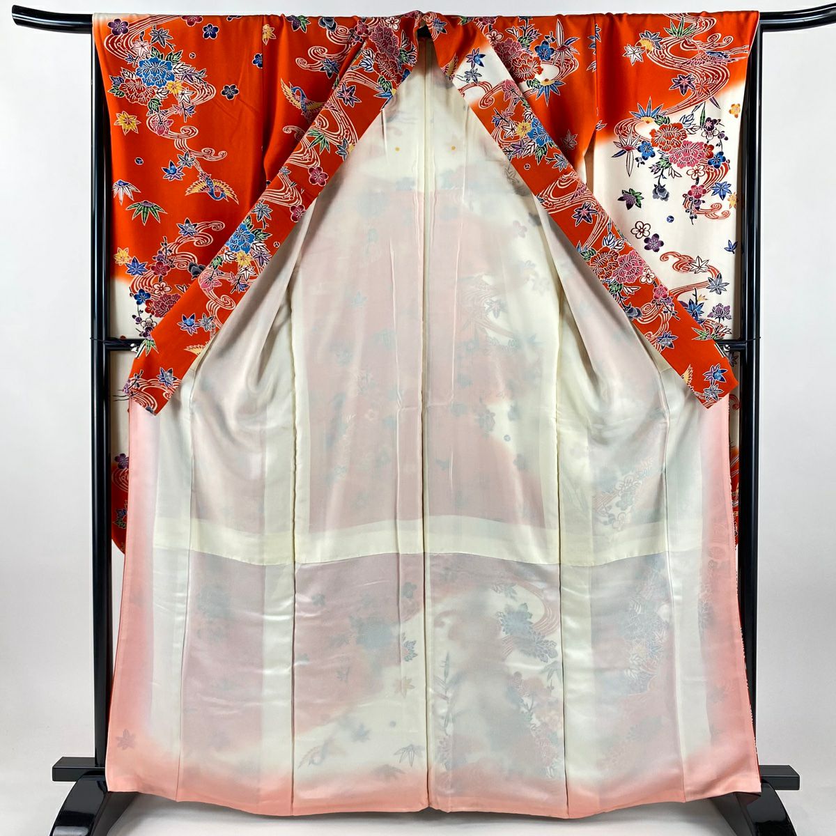 振袖禮服 身長164.5cm 袖長67.5cm L 雙層 仙鶴 草花紋紋 染分 朱色 純蠶絲 名品級
