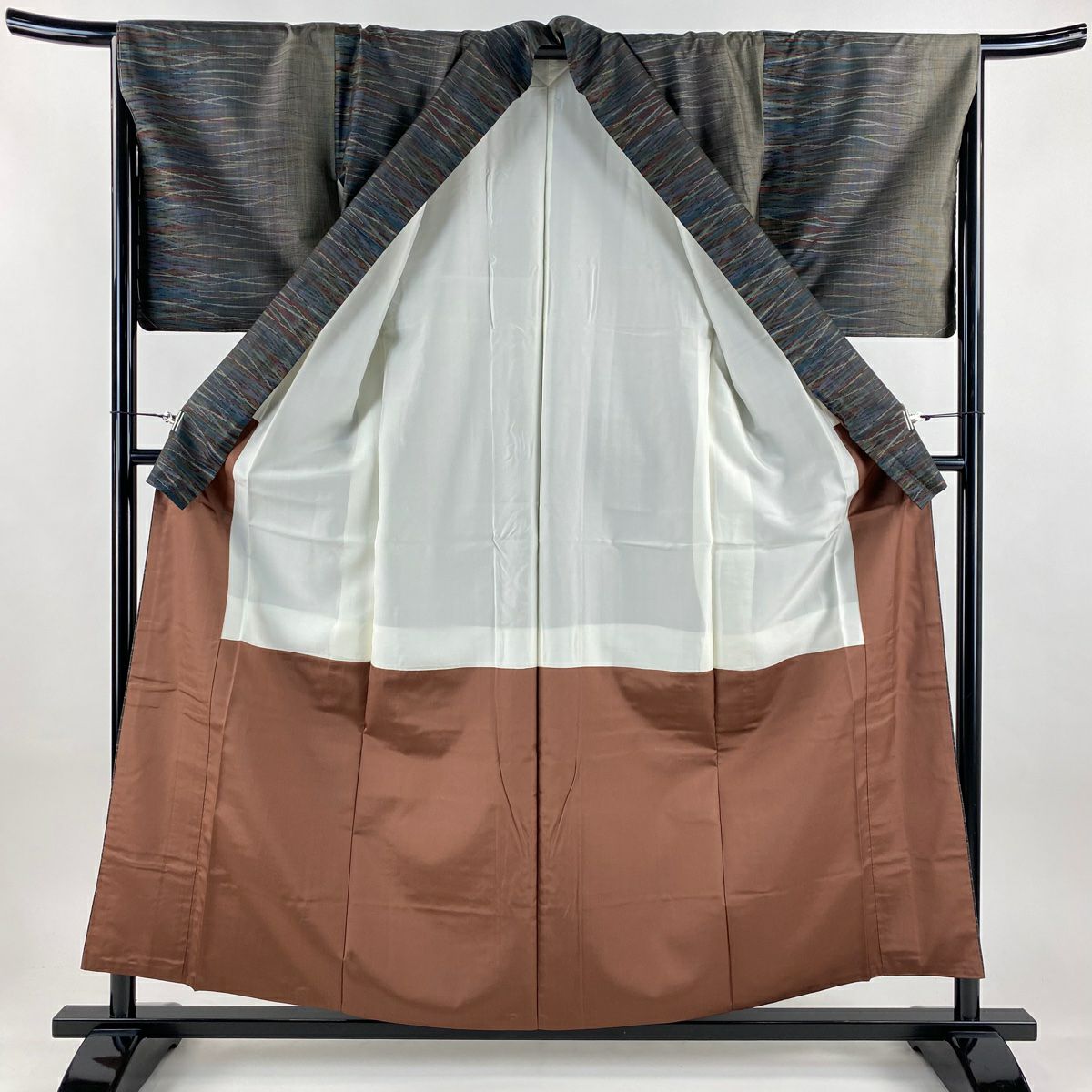 【美品】 紬織 身長158cm 袖長66cm M 雙層 幾何學 焦茶 純蠶絲 名品級