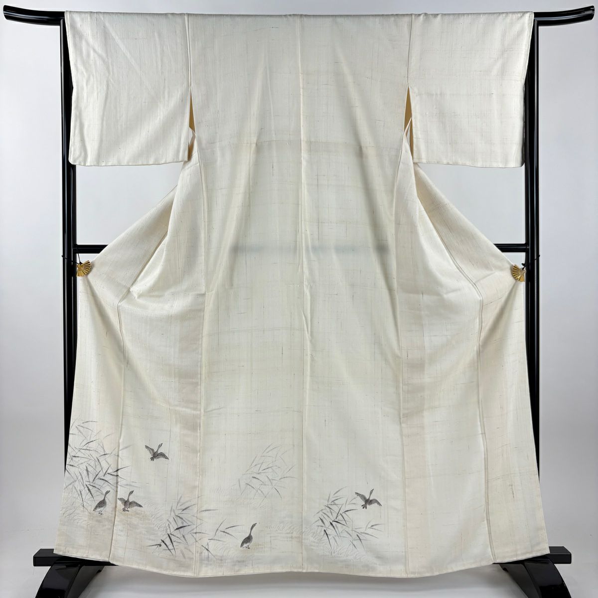 【美品】 付下 身長162.5cm 袖長65cm M 雙層 紬織織 鳥 葉紋 奶油色 純蠶絲 名品級