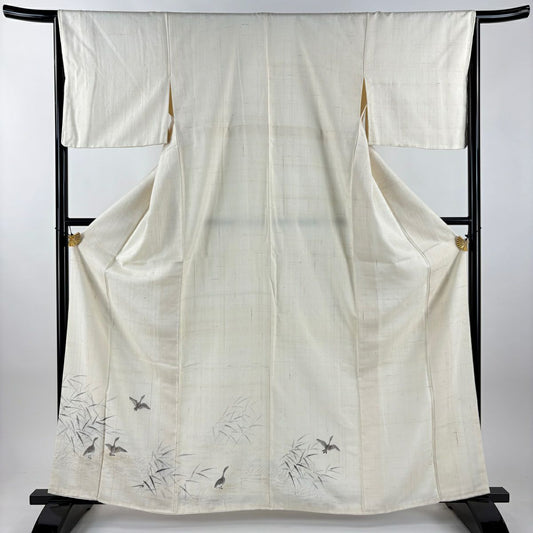 【美品】 付下 身長162.5cm 袖長65cm M 雙層 紬織織 鳥 葉紋 奶油色 純蠶絲 名品級