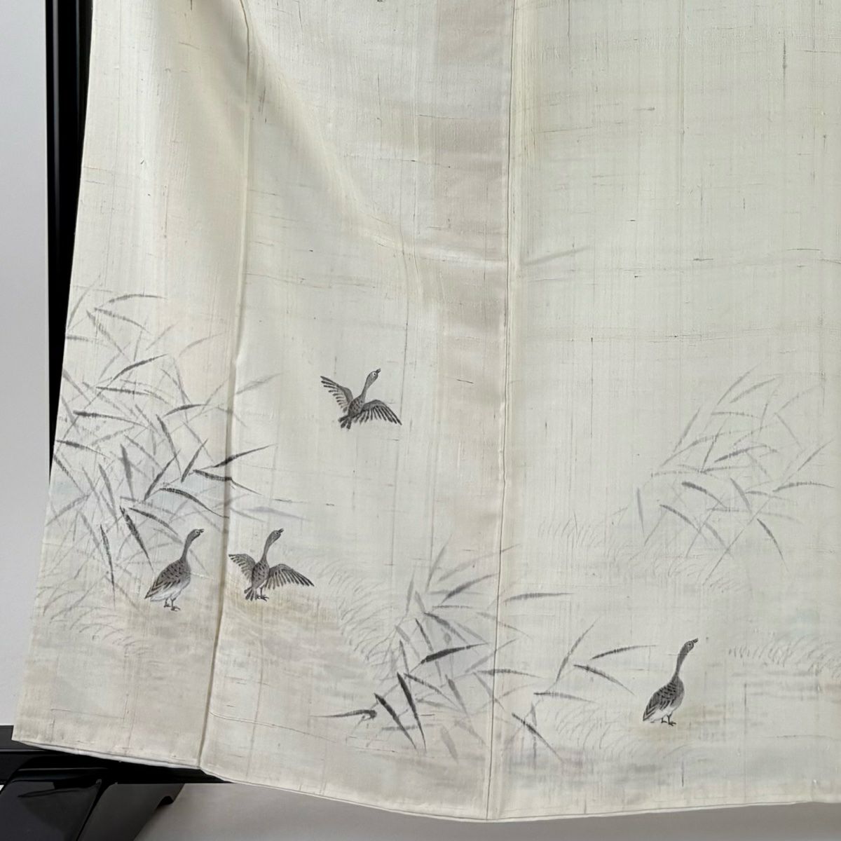 【美品】 付下 身長162.5cm 袖長65cm M 雙層 紬織織 鳥 葉紋 奶油色 純蠶絲 名品級