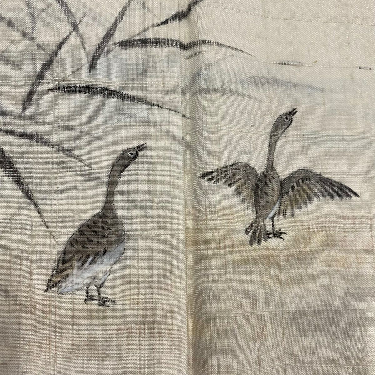 【美品】 付下 身長162.5cm 袖長65cm M 雙層 紬織織 鳥 葉紋 奶油色 純蠶絲 名品級