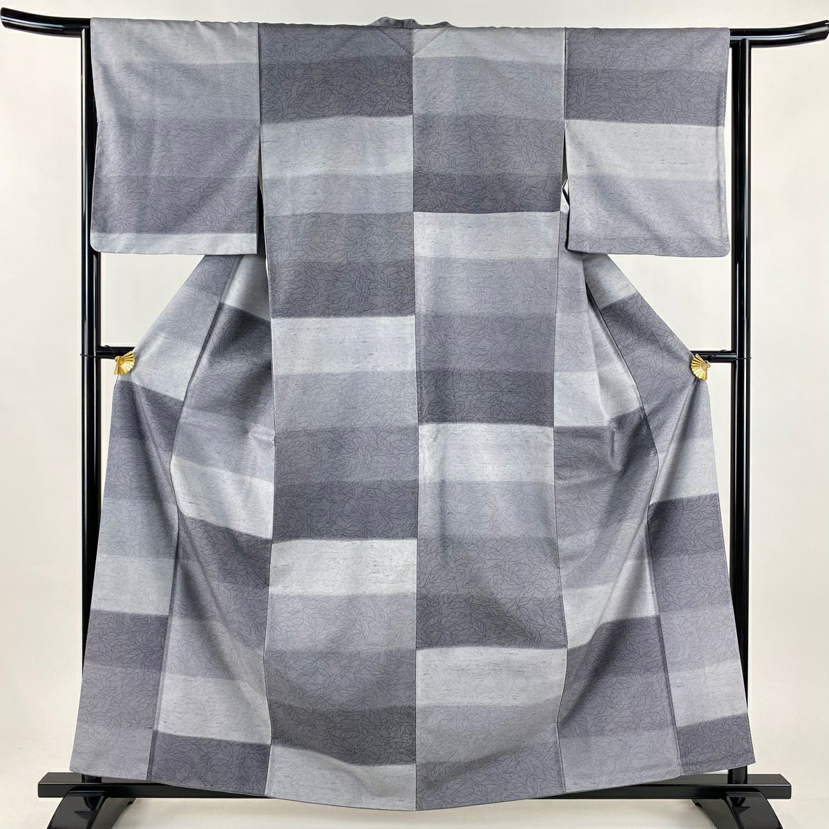 【美品】 小紋 身長160.5cm 袖長63cm S 雙層 紬織織 段紋 葉紋 灰色 純蠶絲 名品級