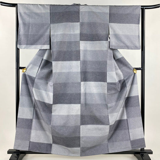 【美品】 小紋 身長160.5cm 袖長63cm S 雙層 紬織織 段紋 葉紋 灰色 純蠶絲 名品級