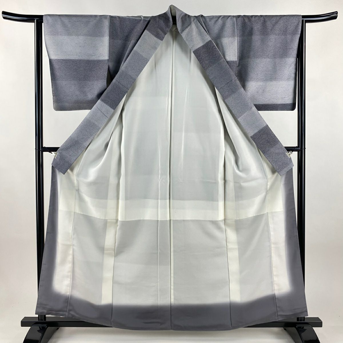 【美品】 小紋 身長160.5cm 袖長63cm S 雙層 紬織織 段紋 葉紋 灰色 純蠶絲 名品級