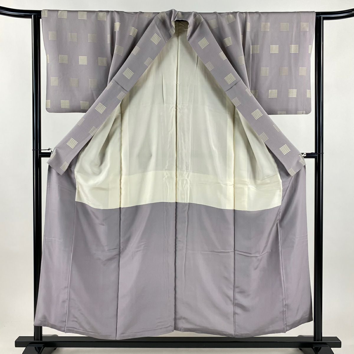 小紋 身長153.5cm 袖長62.5cm S 雙層 縱條 幾何圖案 灰紫 純蠶絲 名品級
