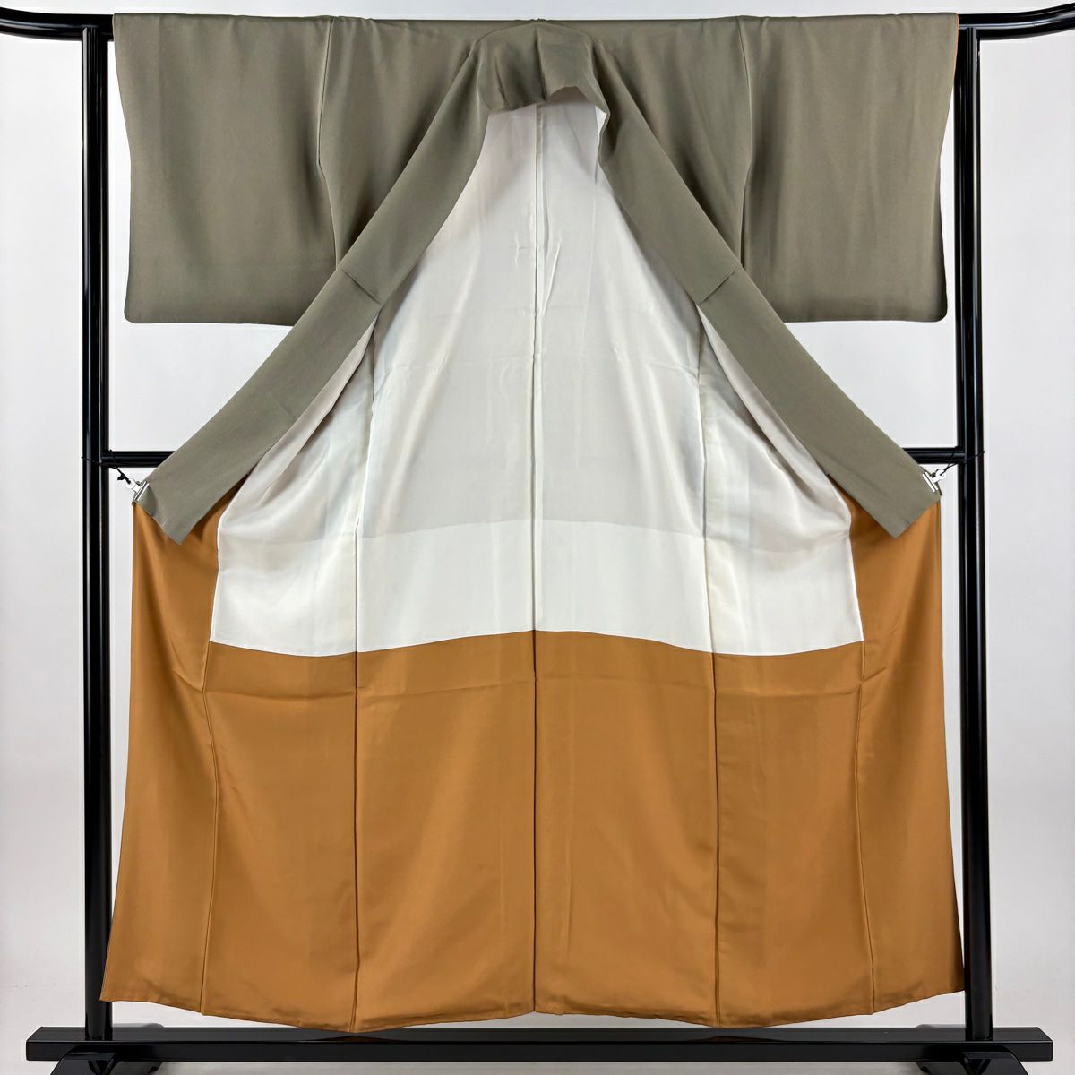 【美品】 江戶小紋 身長156.5cm 袖長62.5cm S 雙層 落款あり 鮫 茶綠 純蠶絲 名品級