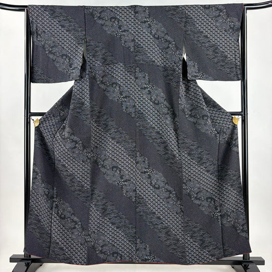 【美品】 小紋 身長159.5cm 袖長65cm M 雙層 草花紋 梅花青海波 絞染 黑 純蠶絲 名品級