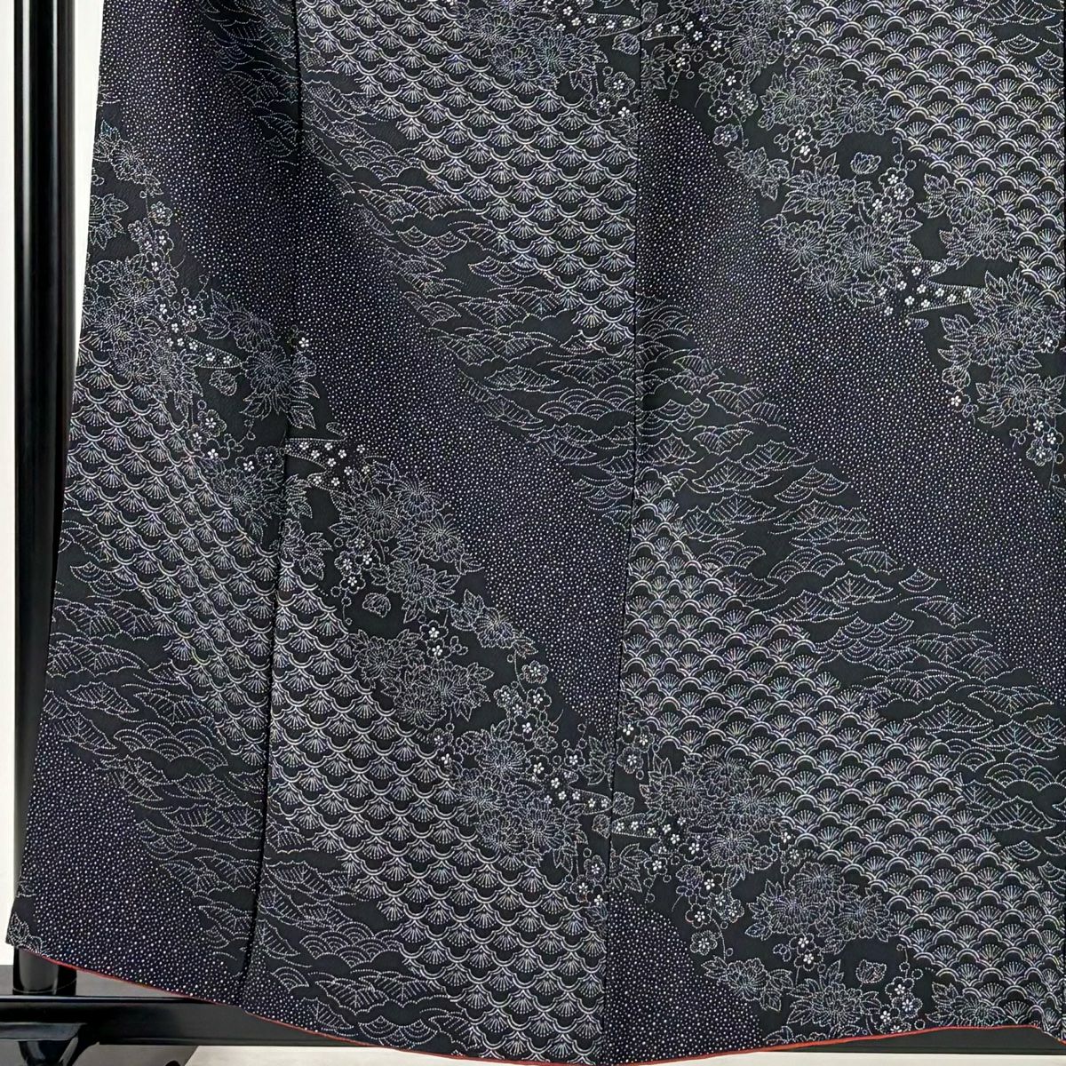 【美品】 小紋 身長159.5cm 袖長65cm M 雙層 草花紋 梅花青海波 絞染 黑 純蠶絲 名品級