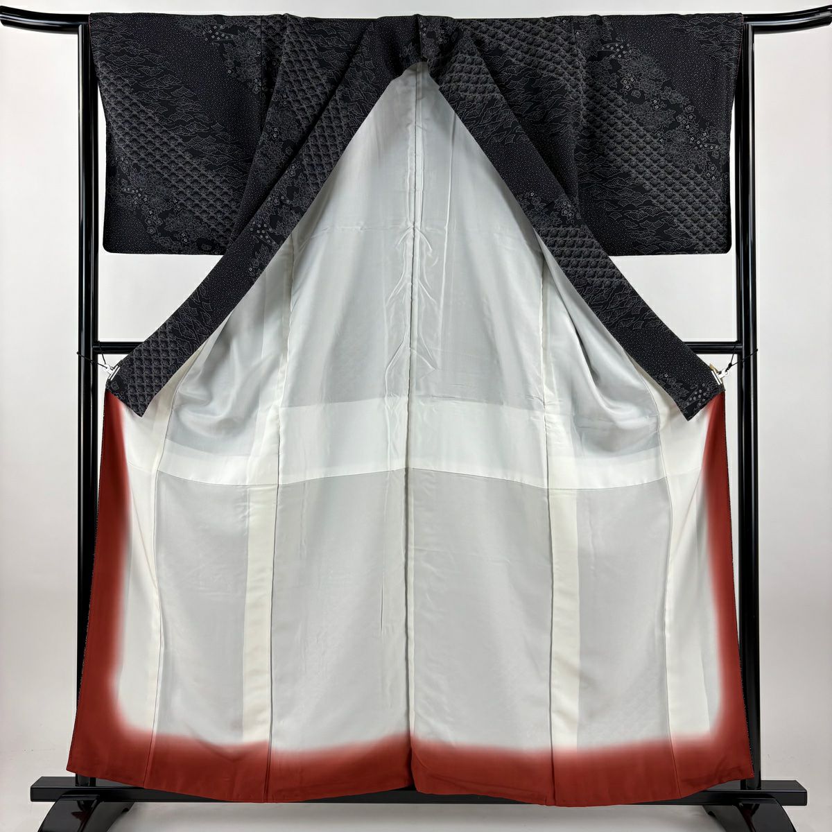 【美品】 小紋 身長159.5cm 袖長65cm M 雙層 草花紋 梅花青海波 絞染 黑 純蠶絲 名品級