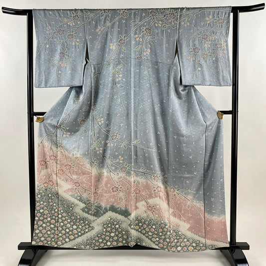 訪問服 身長159cm 袖長62cm S 雙層 櫻花 幾何圖案 絞染 漸層 青灰 純蠶絲 名品級