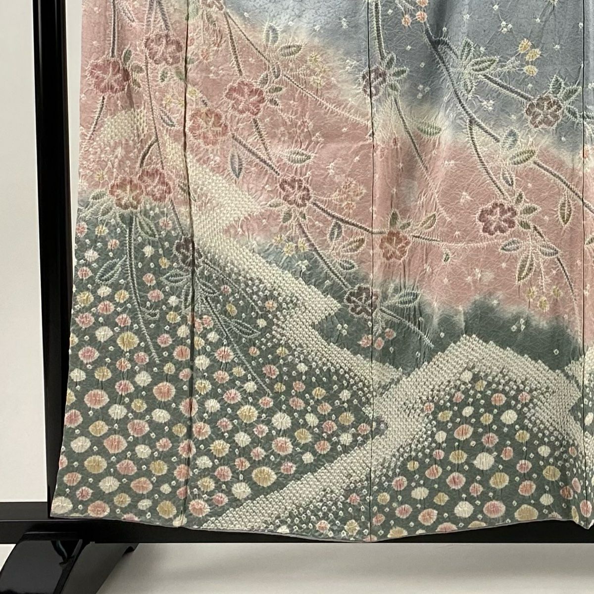 訪問服 身長159cm 袖長62cm S 雙層 櫻花 幾何圖案 絞染 漸層 青灰 純蠶絲 名品級