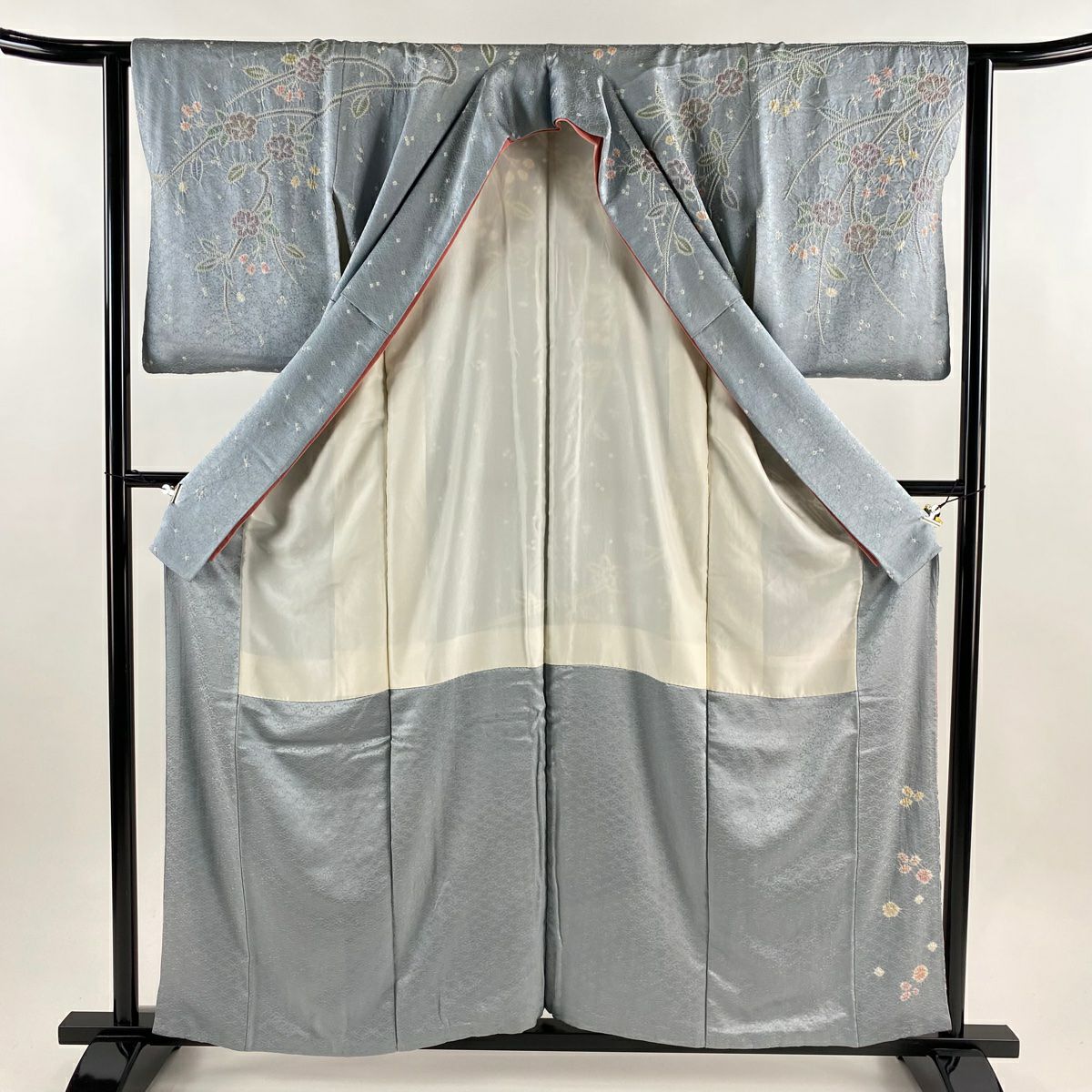 訪問服 身長159cm 袖長62cm S 雙層 櫻花 幾何圖案 絞染 漸層 青灰 純蠶絲 名品級