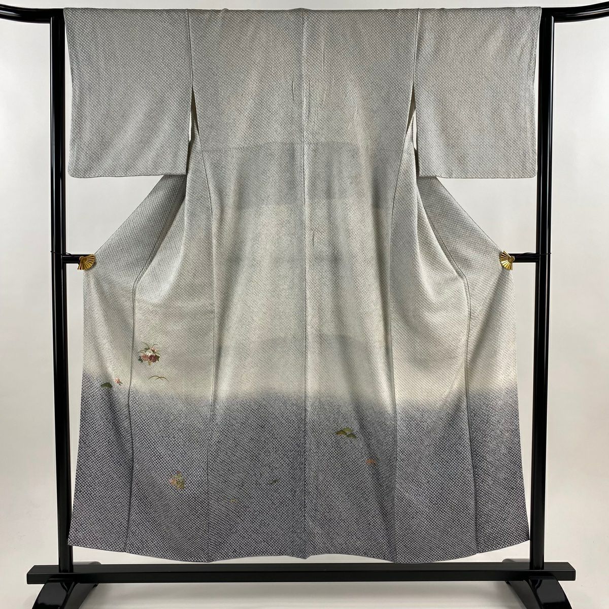 付下 身長153cm 袖長63cm S 雙層 菊花 松樹 絞染 刺繡 青灰 純蠶絲 名品級