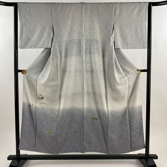 付下 身長153cm 袖長63cm S 雙層 菊花 松樹 絞染 刺繡 青灰 純蠶絲 名品級
