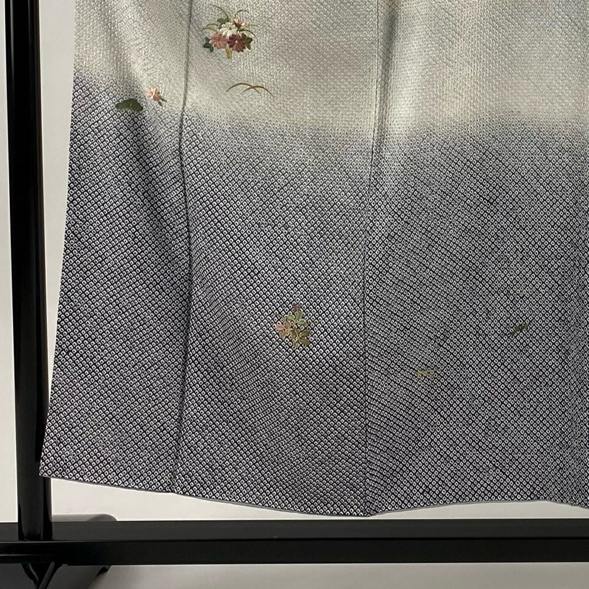 付下 身長153cm 袖長63cm S 雙層 菊花 松樹 絞染 刺繡 青灰 純蠶絲 名品級