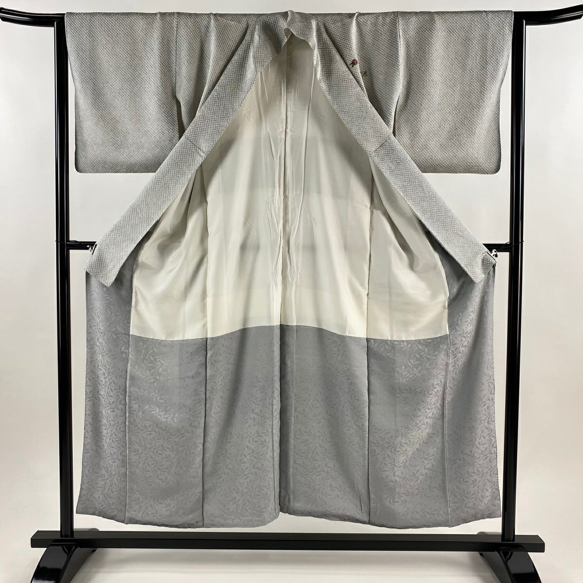 付下 身長153cm 袖長63cm S 雙層 菊花 松樹 絞染 刺繡 青灰 純蠶絲 名品級