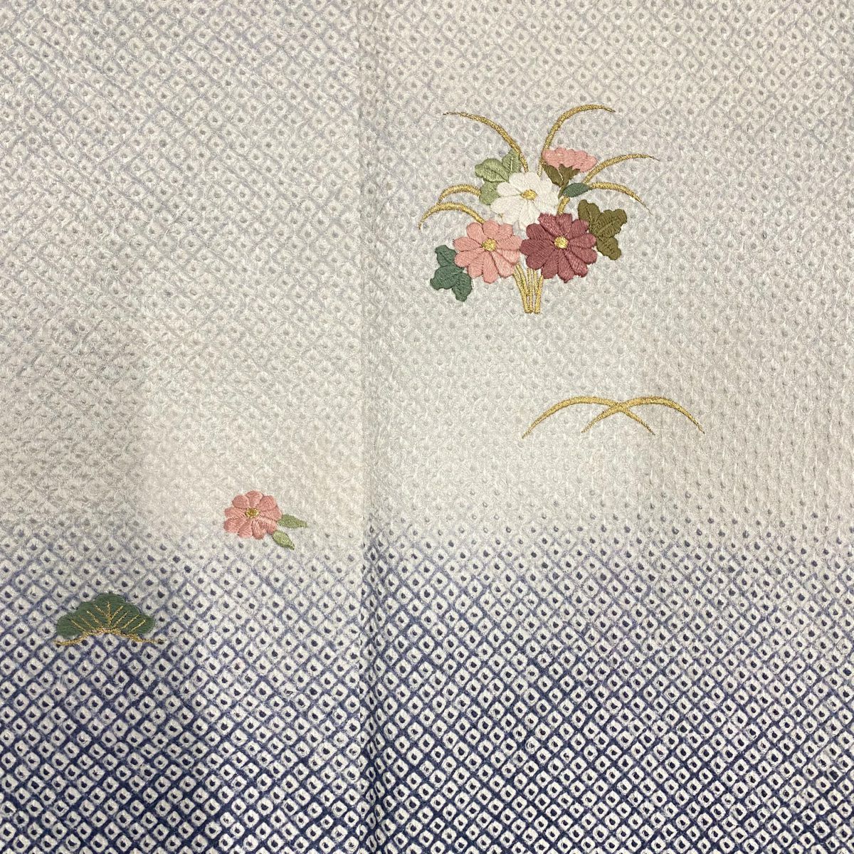 付下 身長153cm 袖長63cm S 雙層 菊花 松樹 絞染 刺繡 青灰 純蠶絲 名品級