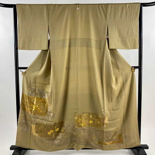 留袖禮服禮服 身長160cm 袖長63cm S 雙層 仙鶴 流水 金絲 金銀彩 淺茶 純蠶絲 名品級 一個紋