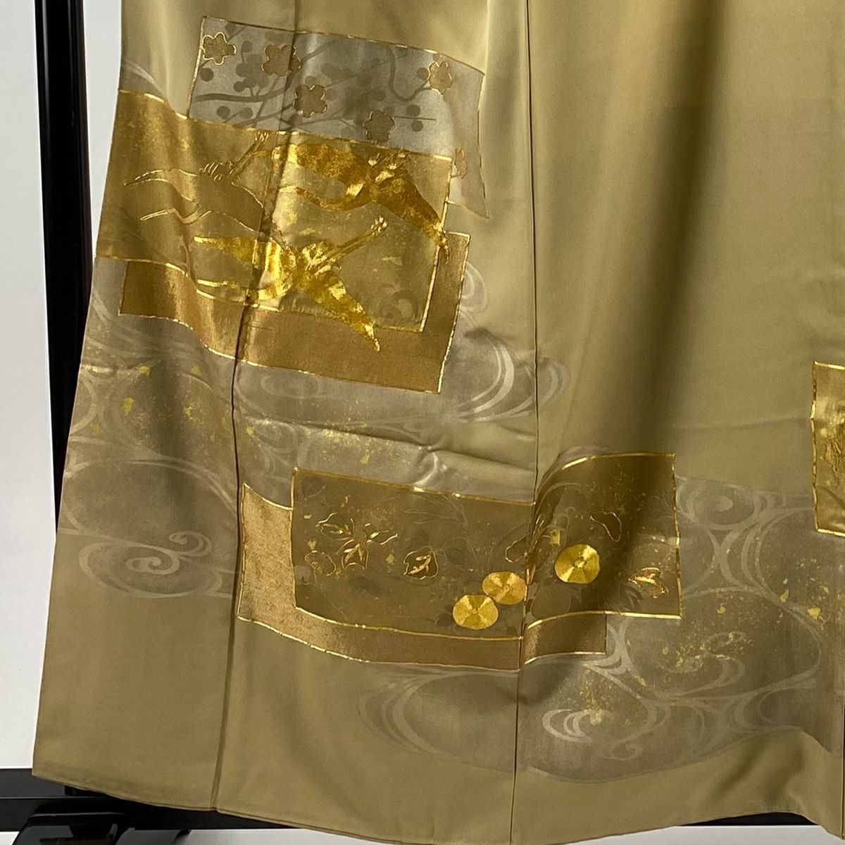 留袖禮服禮服 身長160cm 袖長63cm S 雙層 仙鶴 流水 金絲 金銀彩 淺茶 純蠶絲 名品級 一個紋