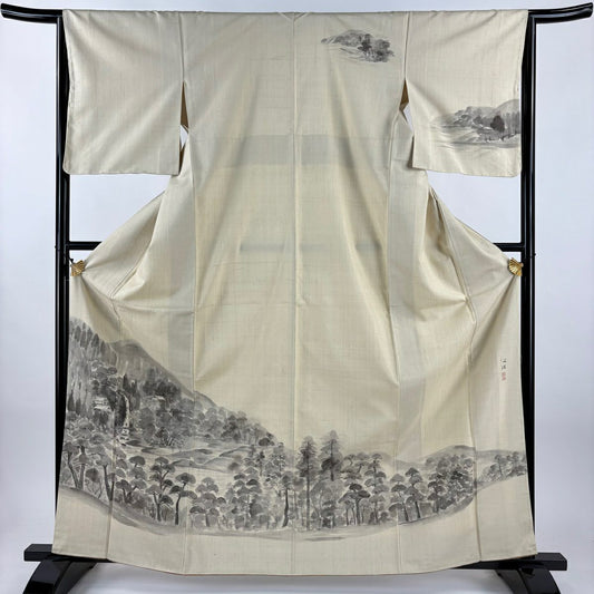 訪問服 身長164cm 袖長65cm M 雙層 紬織織 落款あり 風景 松樹 茶 純蠶絲 名品級