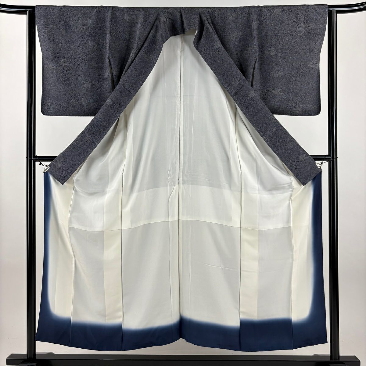 【美品】 江戶小紋 身長153.5cm 袖長63cm S 雙層 建物 梅花 深藍 純蠶絲 名品級