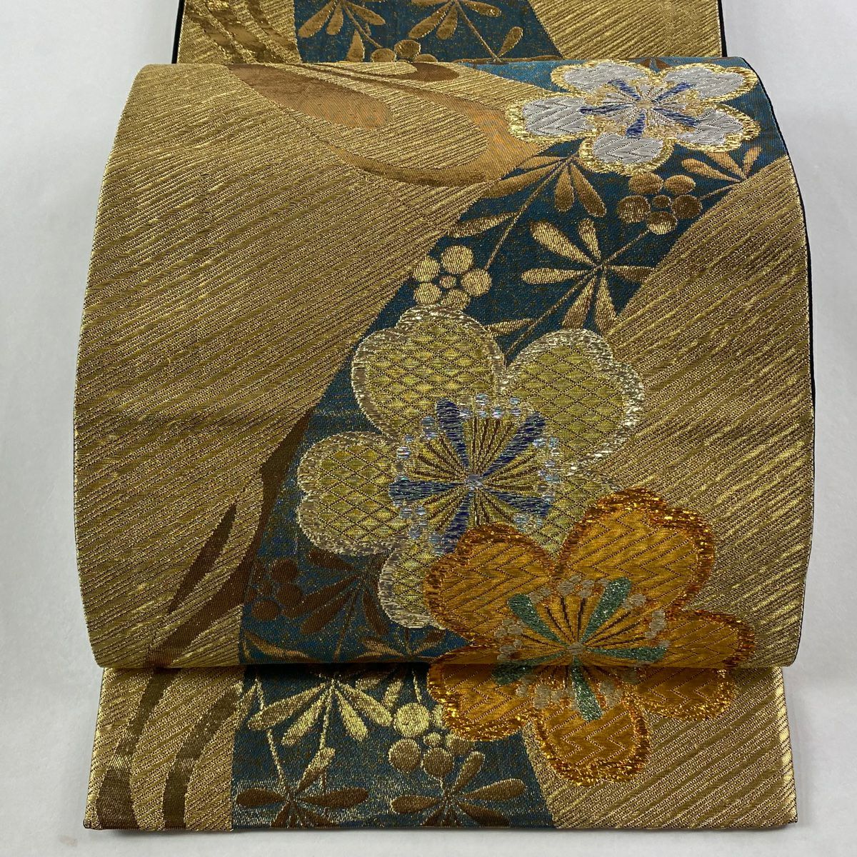 【美品】 袋帶 秀品級櫻花梅花金銀線金金箔金色六通純蠶絲