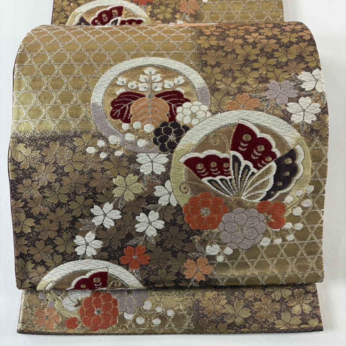 【美品】 袋帶 秀品級 關西仕立 雛蝶 桐 金金箔 金銀彩 金色 六通 純蠶絲