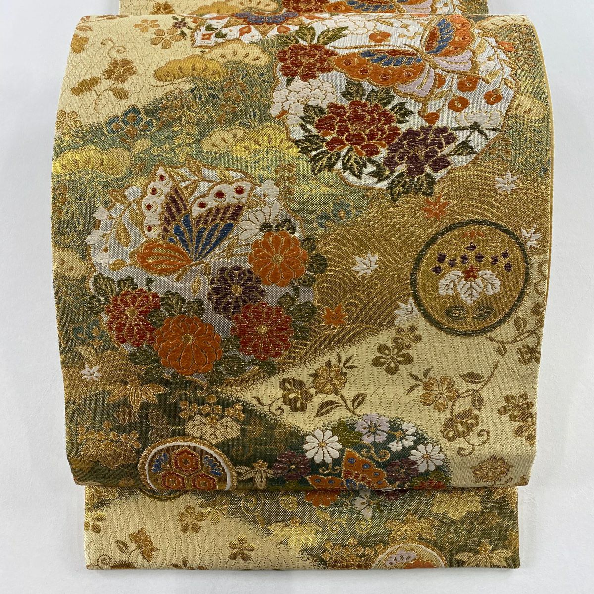 【美品】 袋帶 秀品級 蝶 草花紋 金絲 金金箔 金色 六通 純蠶絲