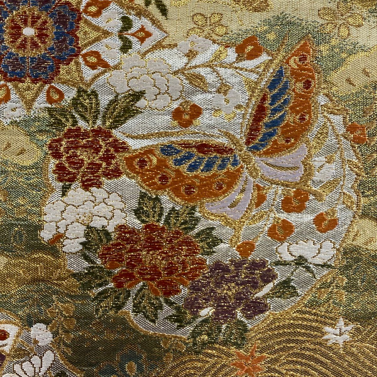 【美品】 袋帶 秀品級 蝶 草花紋 金絲 金金箔 金色 六通 純蠶絲