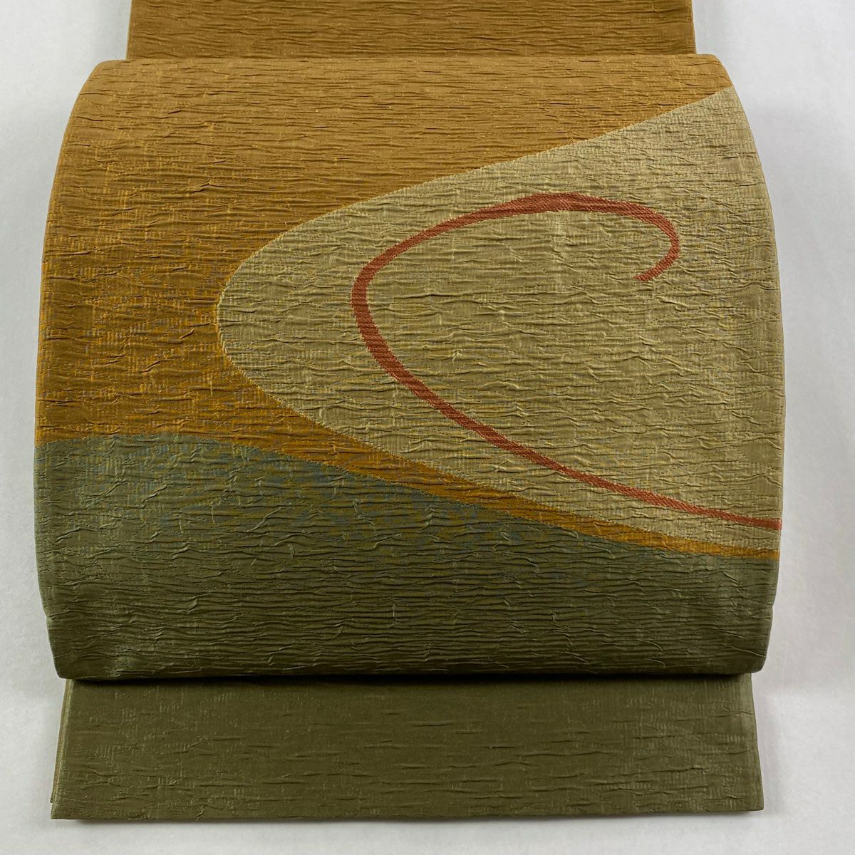 【美品】 袋帶 秀品級 幾何圖案 茶綠 金金箔 正蠶絲