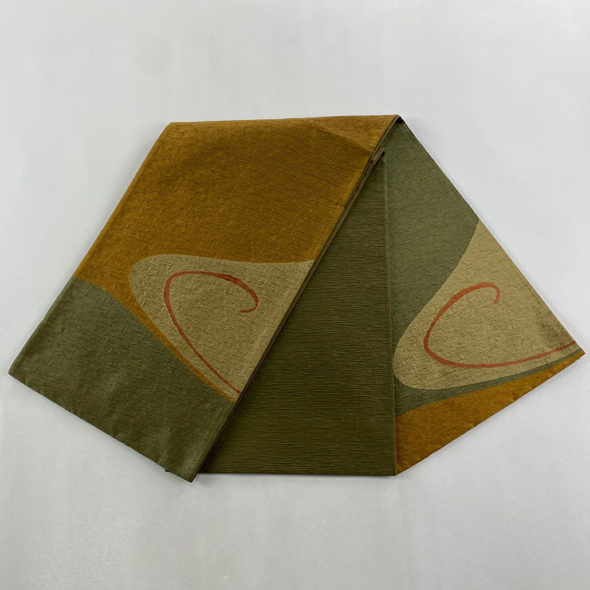 【美品】 袋帶 秀品級 幾何圖案 茶綠 金金箔 正蠶絲
