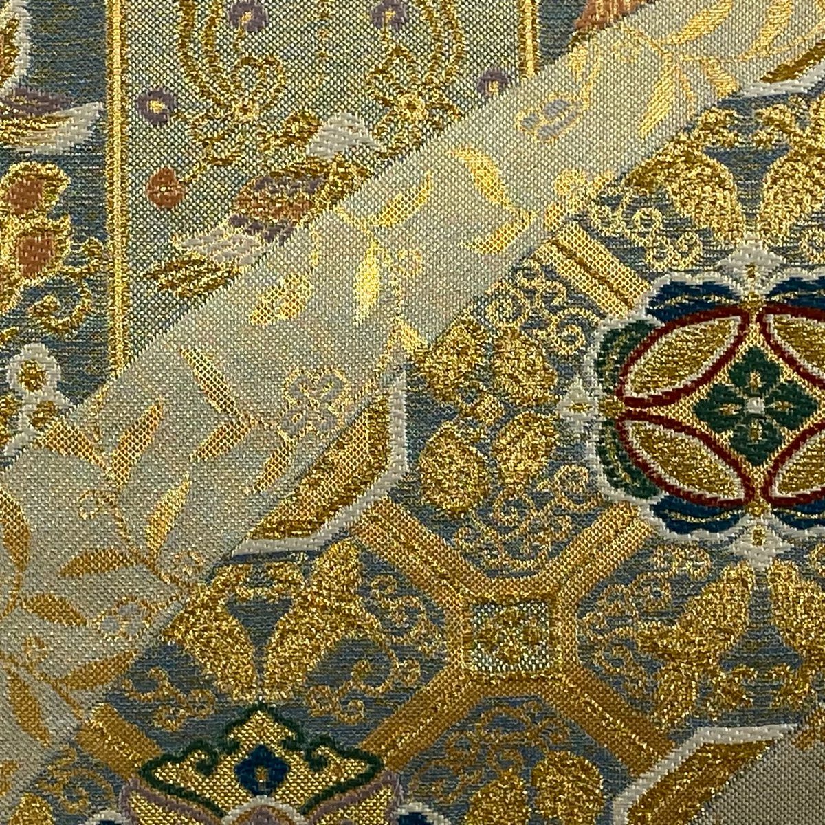 【美品】 袋帶 秀品級 鳥 草花紋 金糸 金金箔 米色 六通 純蠶絲