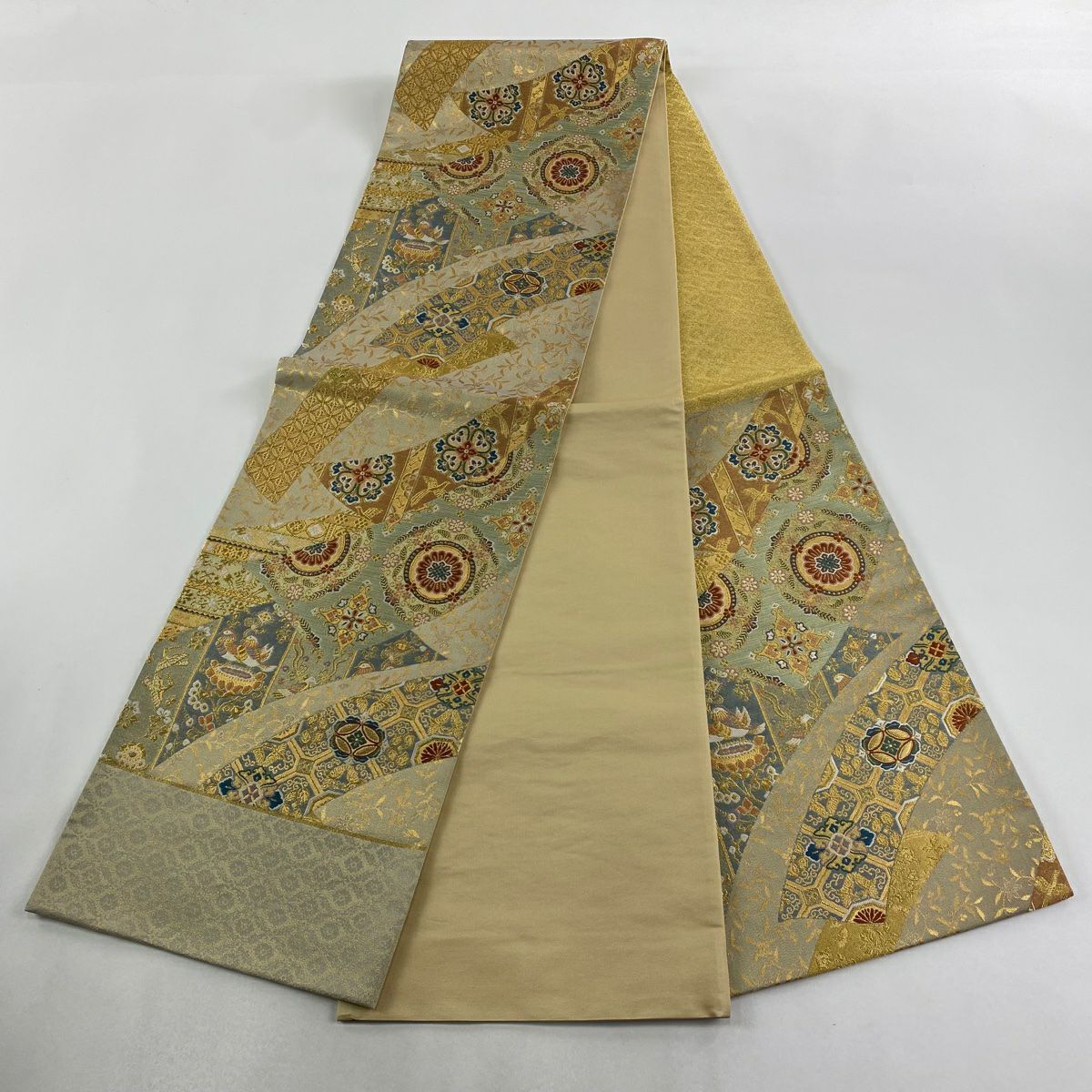 【美品】 袋帶 秀品級 鳥 草花紋 金糸 金金箔 米色 六通 純蠶絲