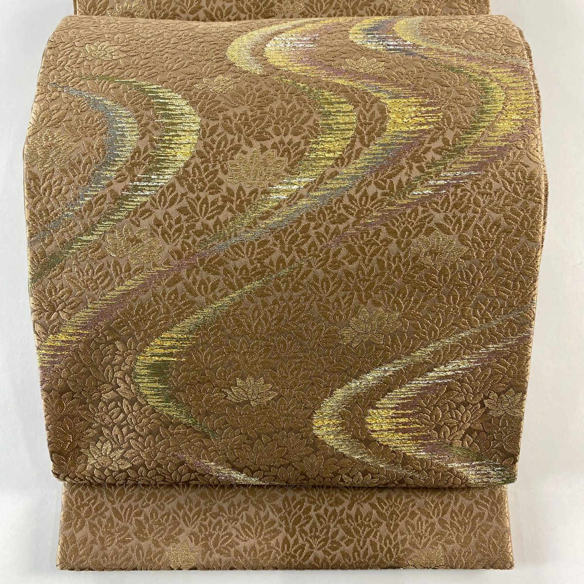 【美品】 袋帶 秀品級 流水 草花紋 金銀彩 刺繡 茶 六通 純蠶絲