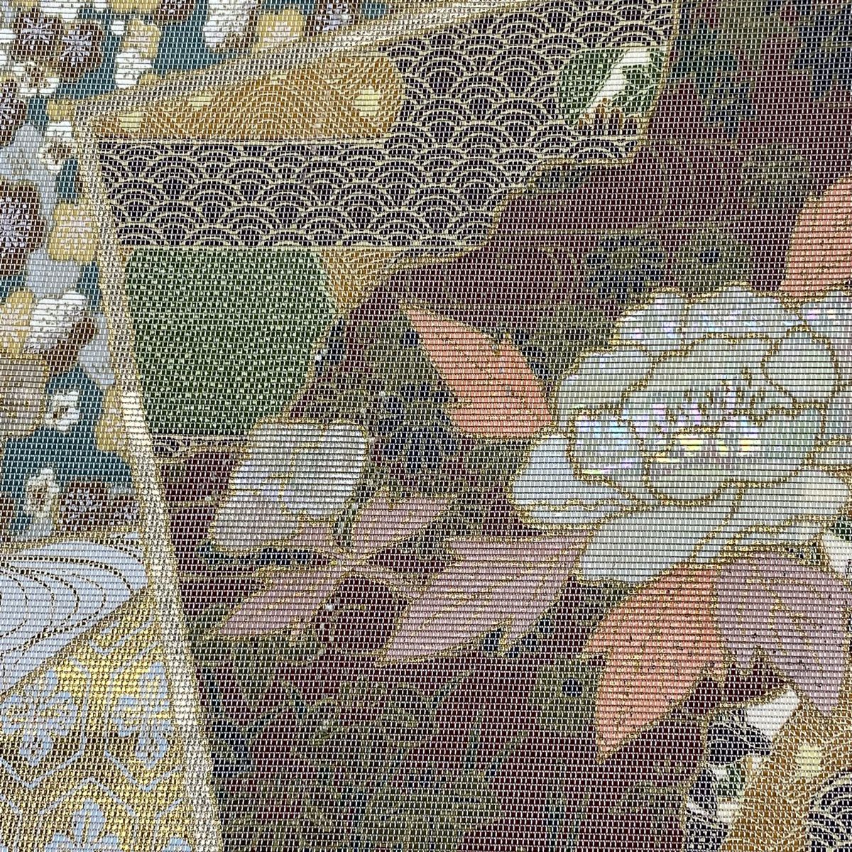 【美品】 袋帶 秀品級 草花紋 色紙 螺鈿金金箔 金銀彩 純蠶絲