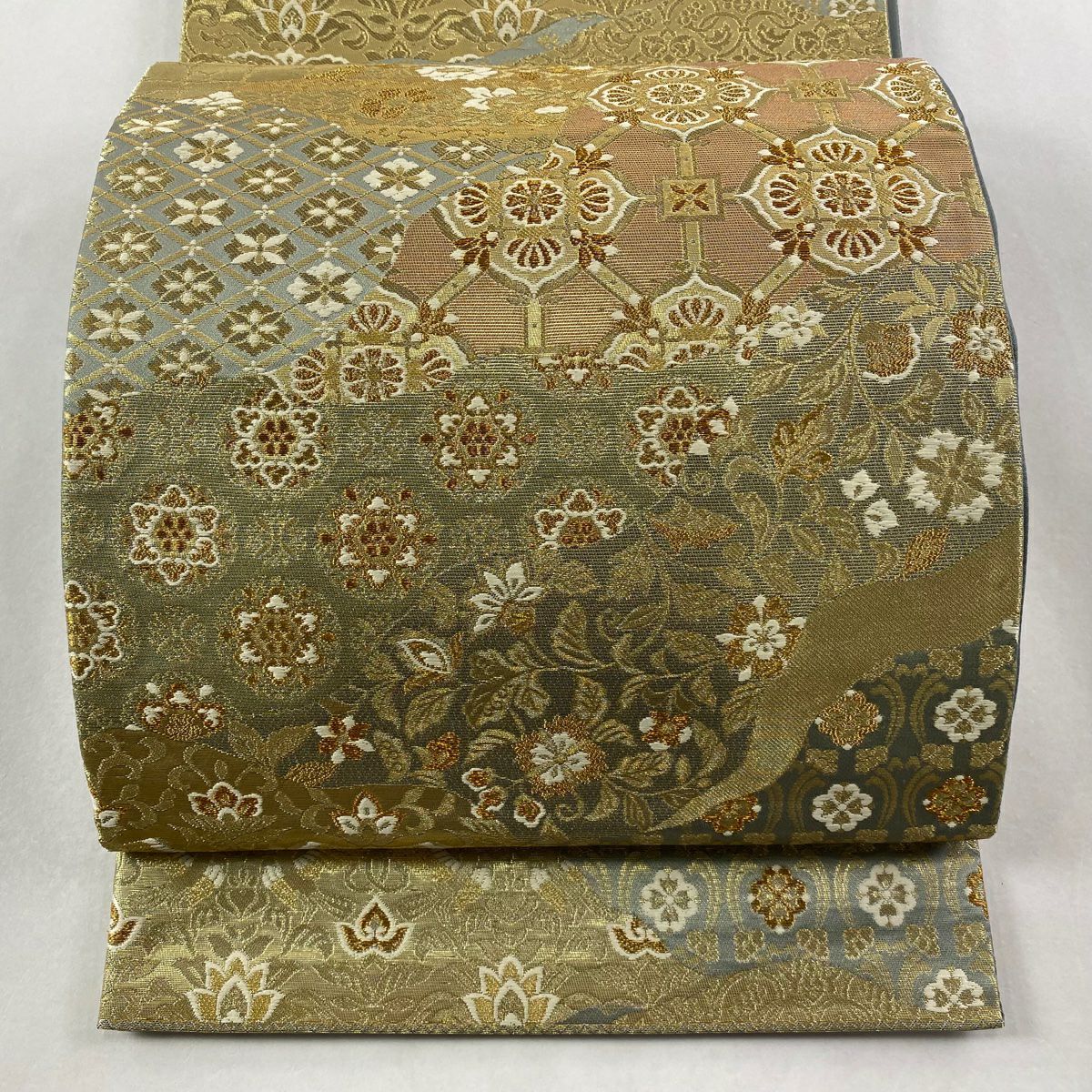 【美品】 袋帶 秀品級 華紋 葉與果 金金箔 金絲 淺綠 六通 純蠶絲