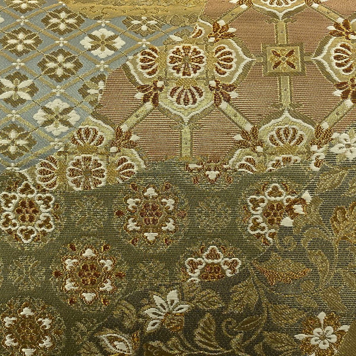 【美品】 袋帶 秀品級 華紋 葉與果 金金箔 金絲 淺綠 六通 純蠶絲