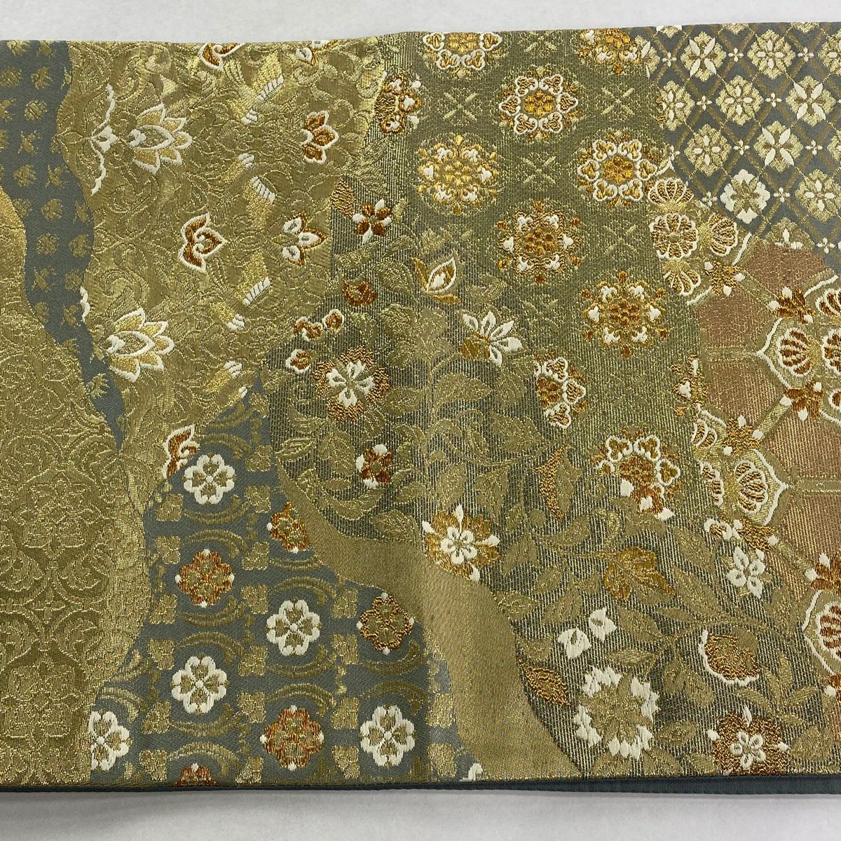 【美品】 袋帶 秀品級 華紋 葉與果 金金箔 金絲 淺綠 六通 純蠶絲