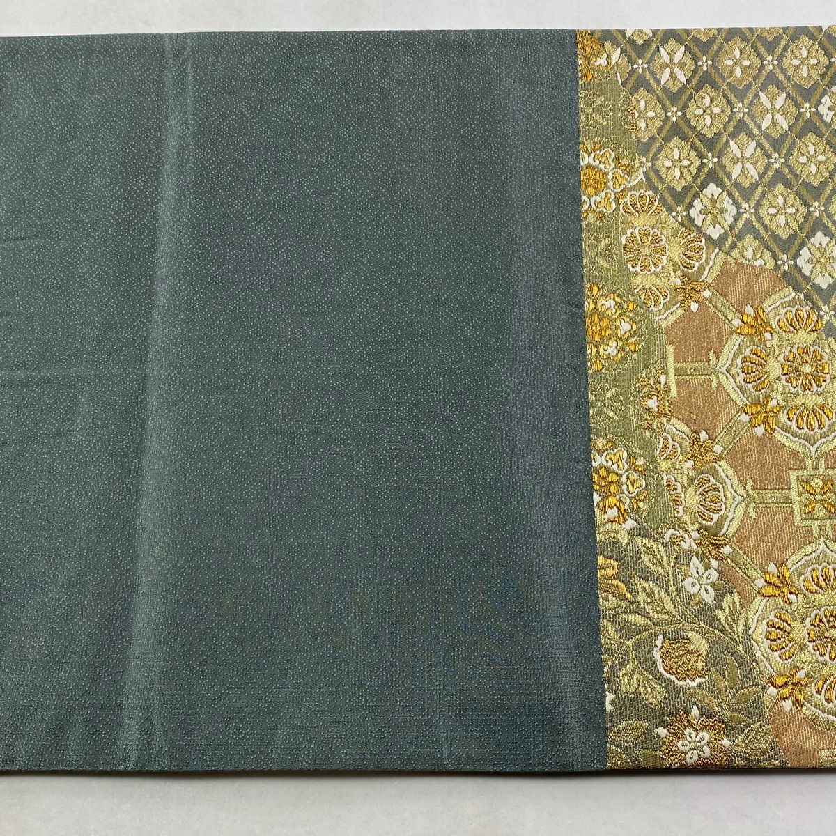 【美品】 袋帶 秀品級 華紋 葉與果 金金箔 金絲 淺綠 六通 純蠶絲