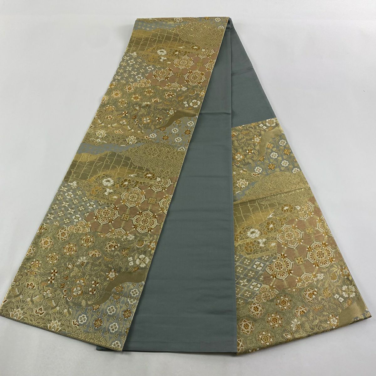 【美品】 袋帶 秀品級 華紋 葉與果 金金箔 金絲 淺綠 六通 純蠶絲