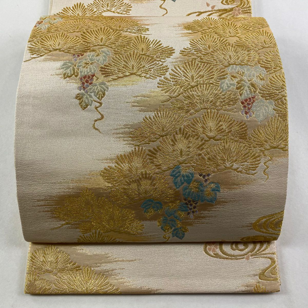 【美品】 袋帶 秀品級 松樹 葡萄 金金箔 金絲 灰茶 六通 純蠶絲