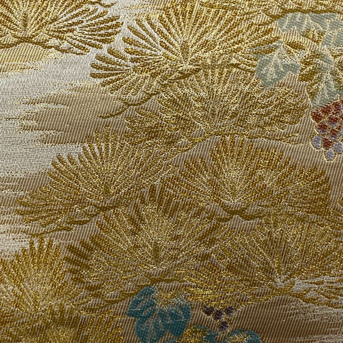【美品】 袋帶 秀品級 松樹 葡萄 金金箔 金絲 灰茶 六通 純蠶絲