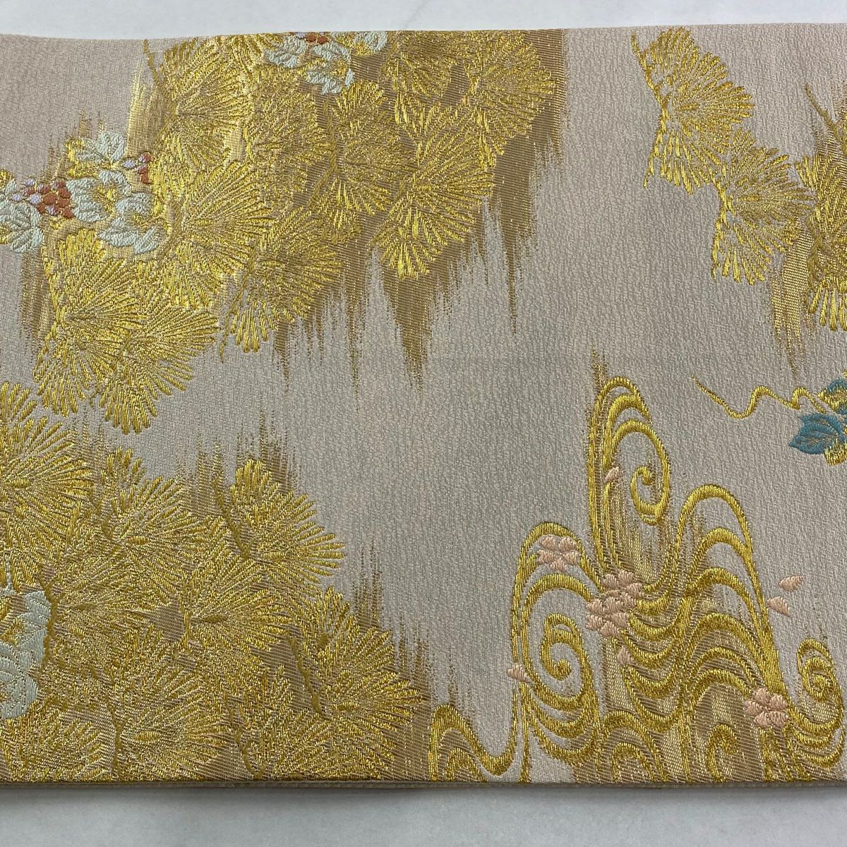 【美品】 袋帶 秀品級 松樹 葡萄 金金箔 金絲 灰茶 六通 純蠶絲