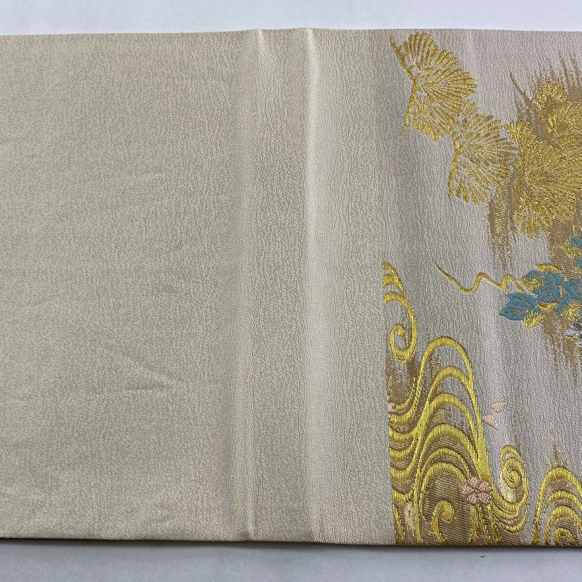 【美品】 袋帶 秀品級 松樹 葡萄 金金箔 金絲 灰茶 六通 純蠶絲
