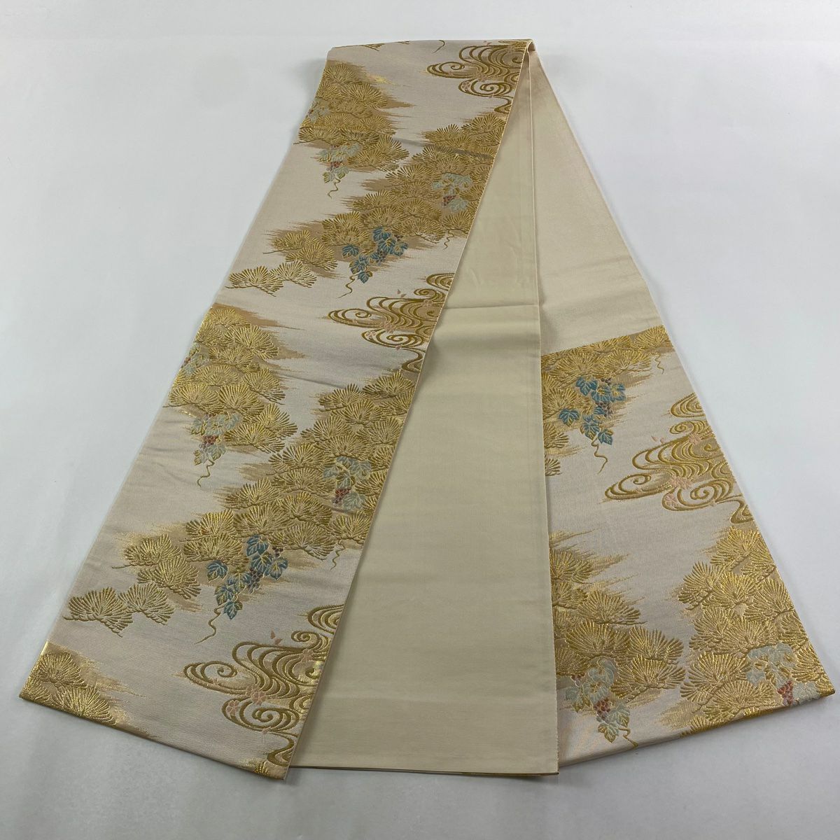 【美品】 袋帶 秀品級 松樹 葡萄 金金箔 金絲 灰茶 六通 純蠶絲