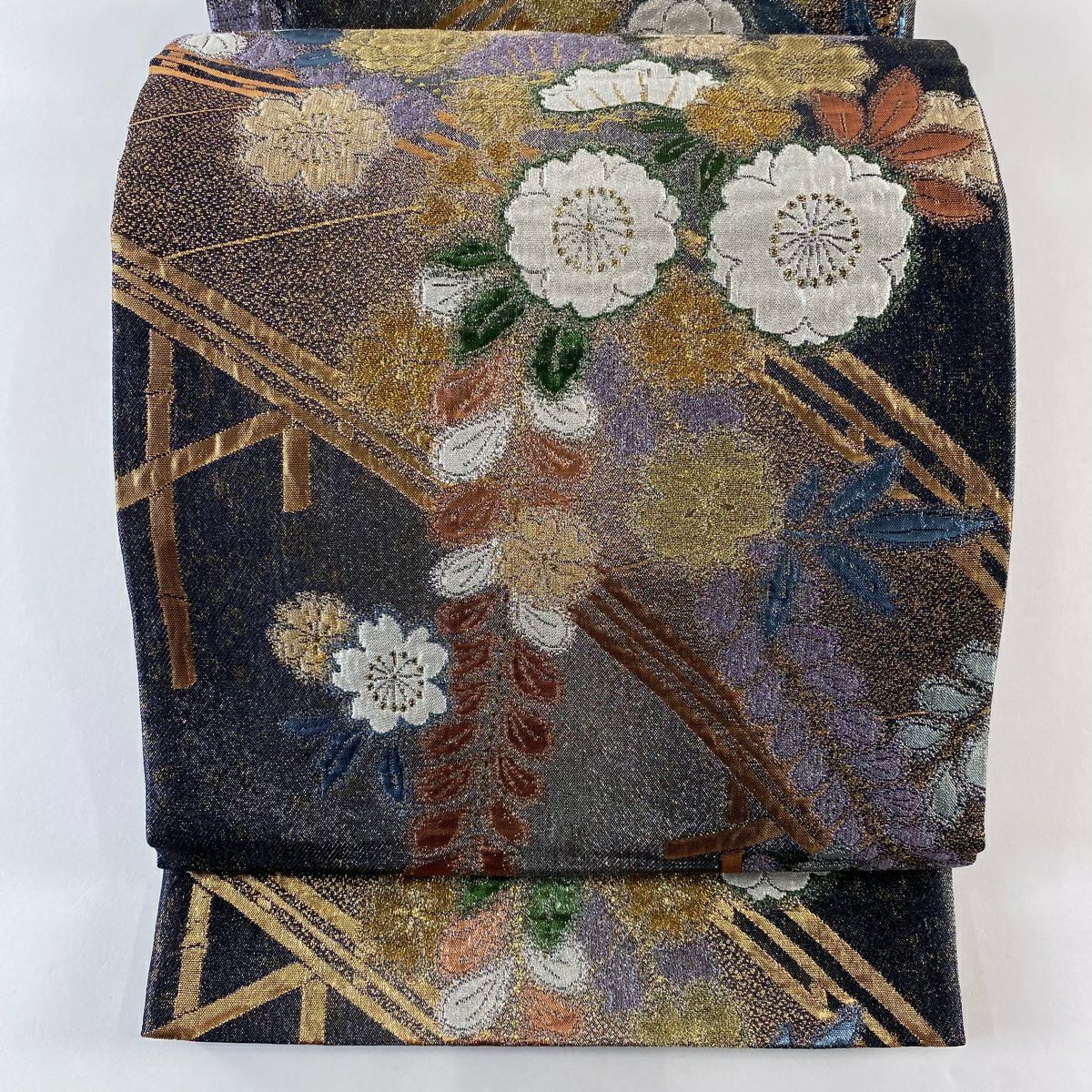 【美品】 袋帶 秀品級 草花紋紋 橋 金金箔 深藍 六通 純蠶絲