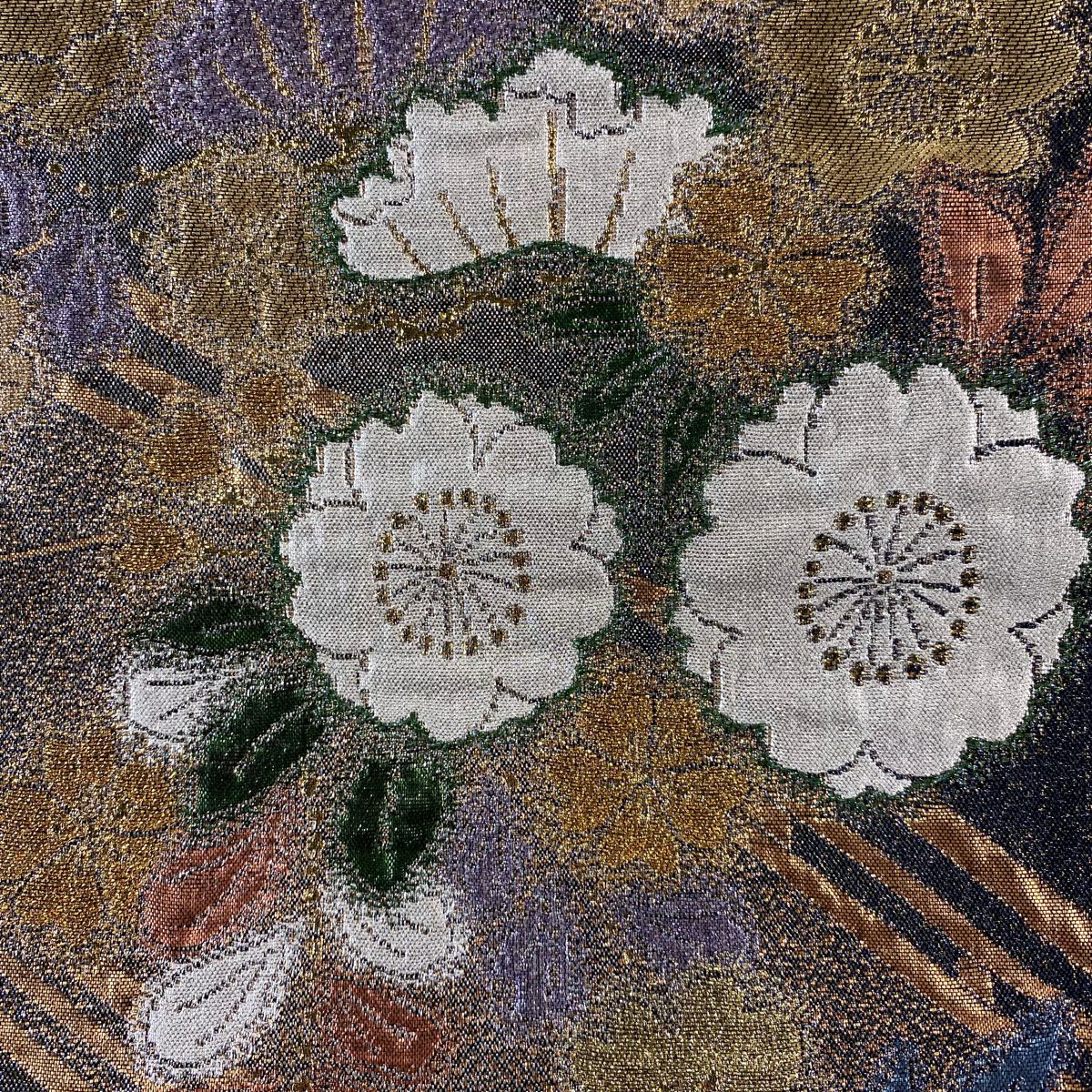【美品】 袋帶 秀品級 草花紋紋 橋 金金箔 深藍 六通 純蠶絲