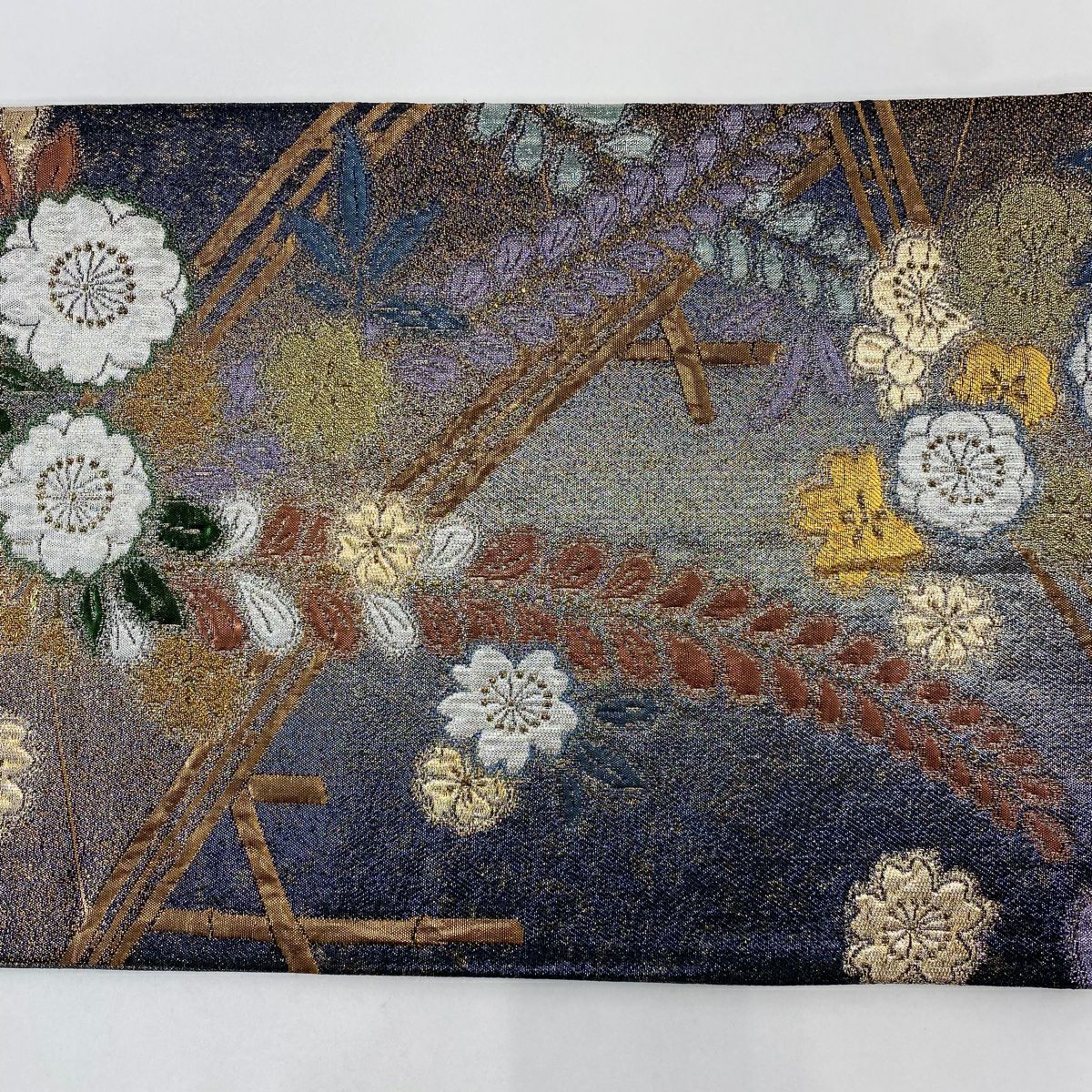 【美品】 袋帶 秀品級 草花紋紋 橋 金金箔 深藍 六通 純蠶絲